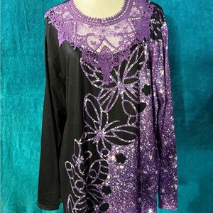 Black and Purple Long Sleeve Asymmetrical Sequin Tunic
